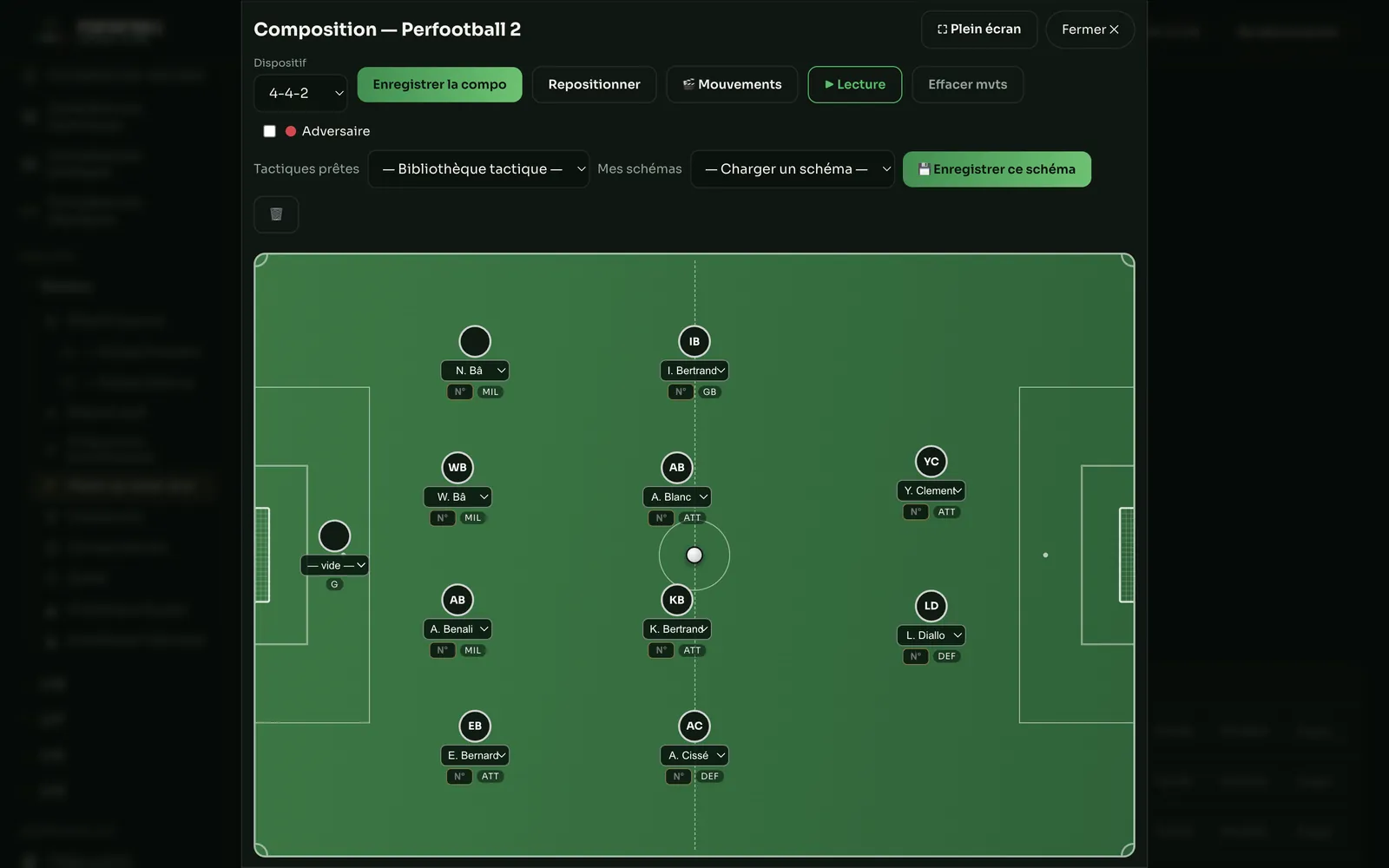 Composition tactique d'une équipe placée sur le terrain dans Perfootball