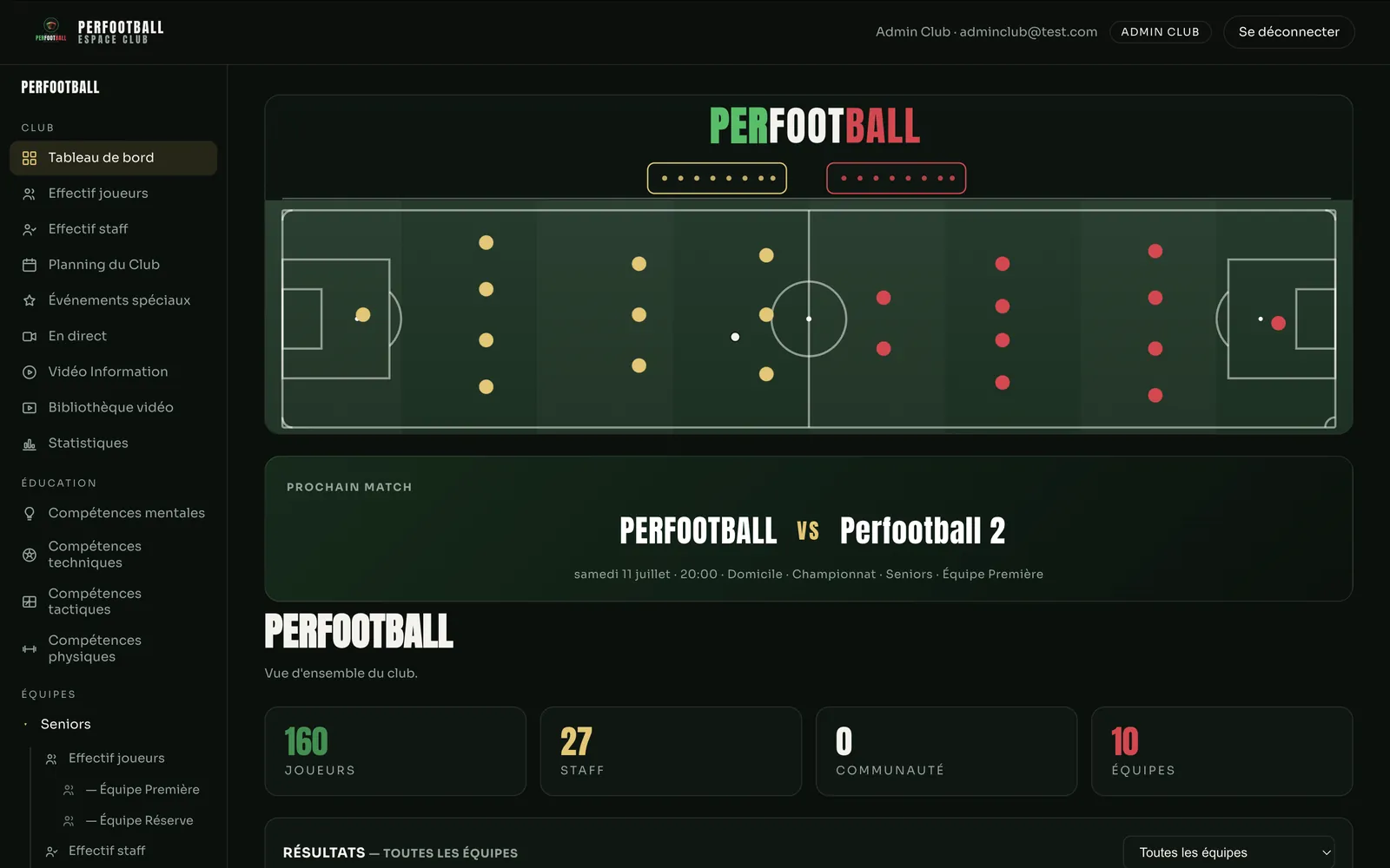 Tableau de bord du club : terrain avec les deux équipes, prochain match et chiffres clés